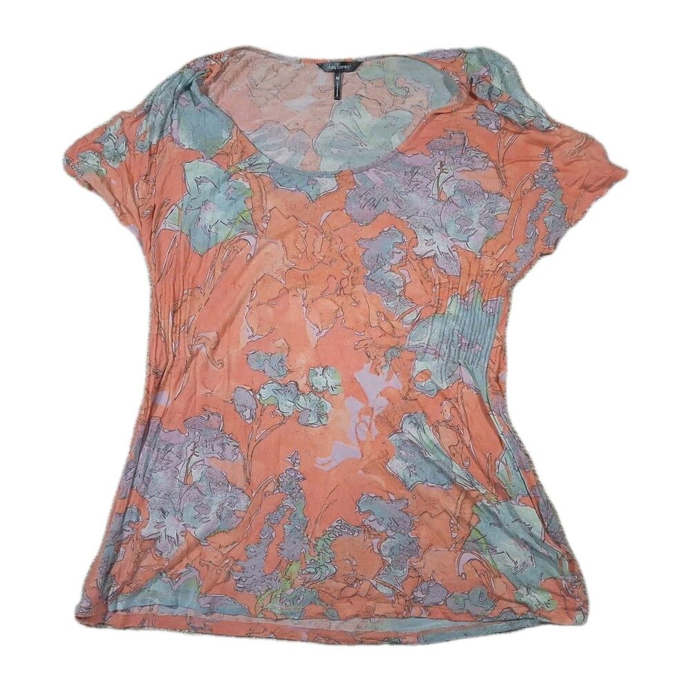 DAISY FUENTES WOMENS SIZE M MEDIUM ORANGE FLORAL SHORT SLEEVE KNIT TOP BLOUSE
